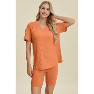 BASIC BAE Orange Ribbed V-Neck Short Sleeve Top Shorts Set NEW Misses Plus